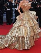 Stylish Golden Tiered Ball Gown Long Evening Party Dress