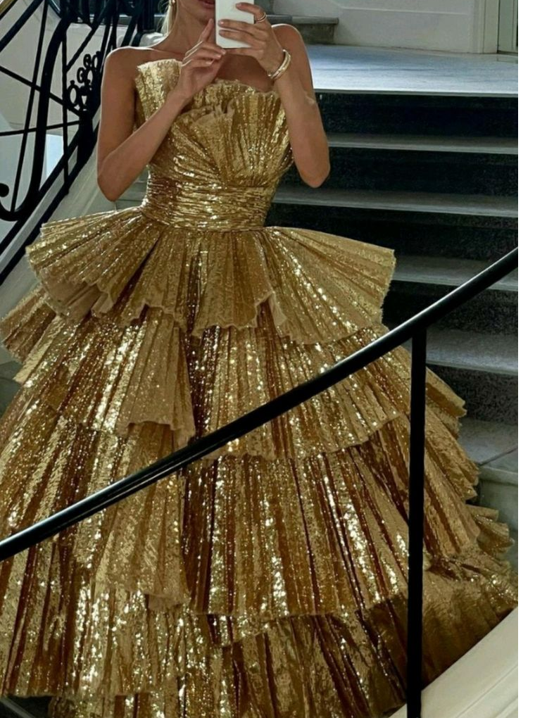 Stylish Golden Tiered Ball Gown Long Evening Party Dress
