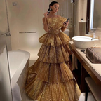 Stylish Golden Tiered Ball Gown Long Evening Party Dress