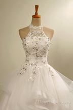 Stylish Halter Floor-Length Organza Wedding Dress With Appliques Beading