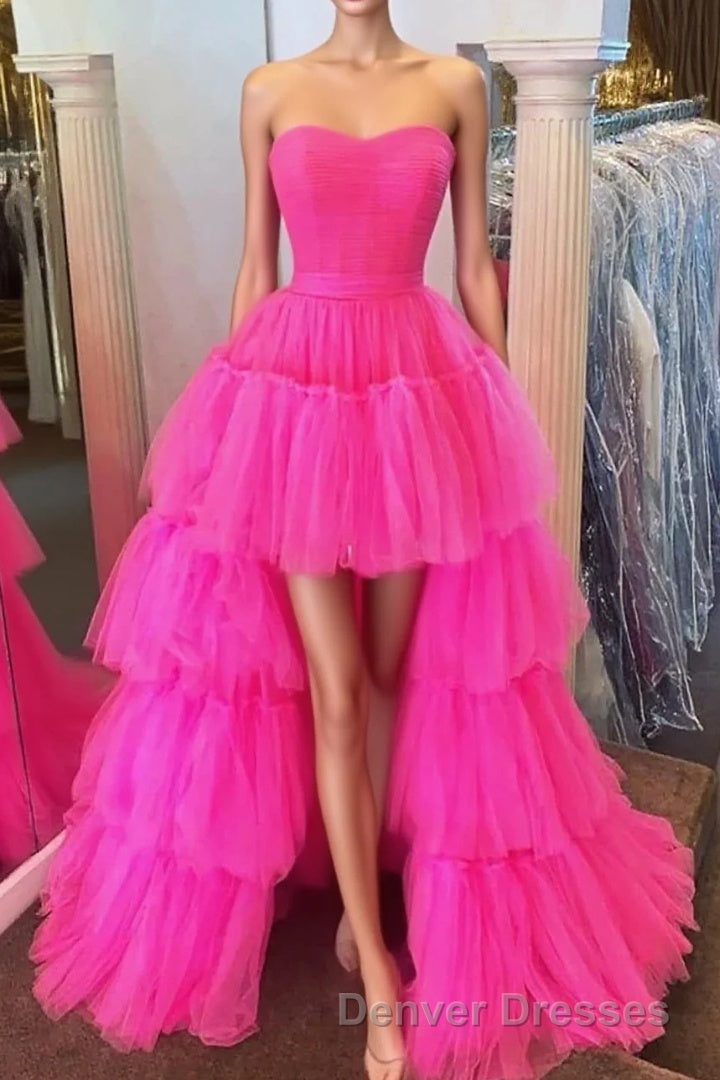 Stylish High Low Strapless Fuchsia Prom Dress with Ruffles Main image
