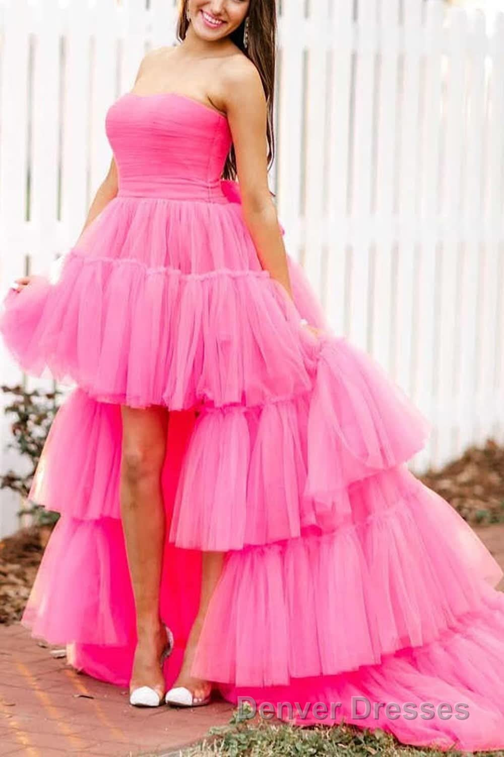 Stylish High Low Strapless Fuchsia Prom Dress with Ruffles Secondary image
