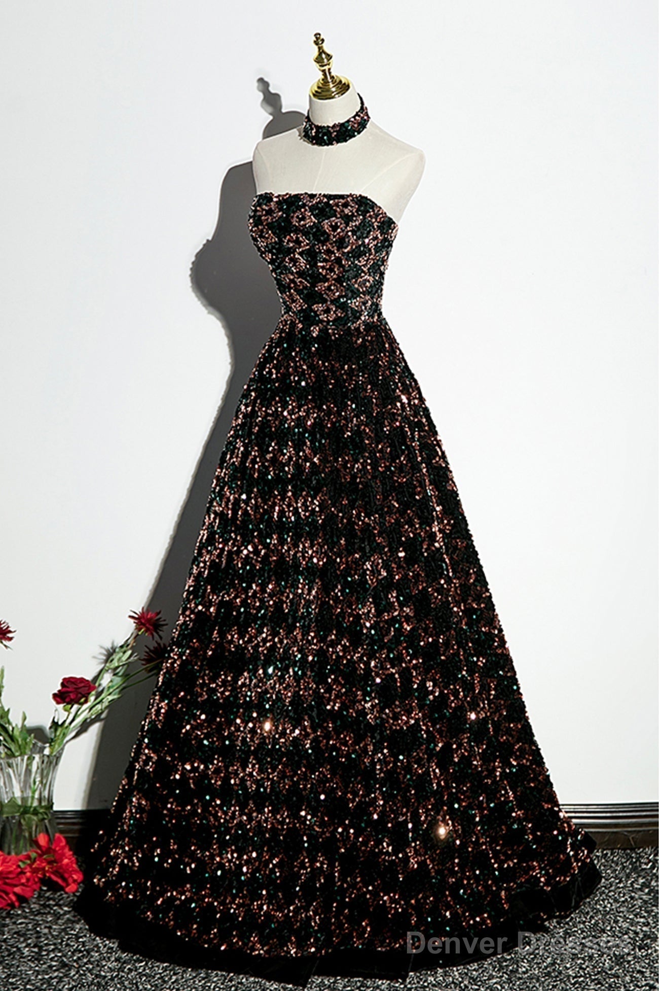 Stylish Sequins Long A-Line Prom Dress, Shiny Strapless Evening Dress Main image