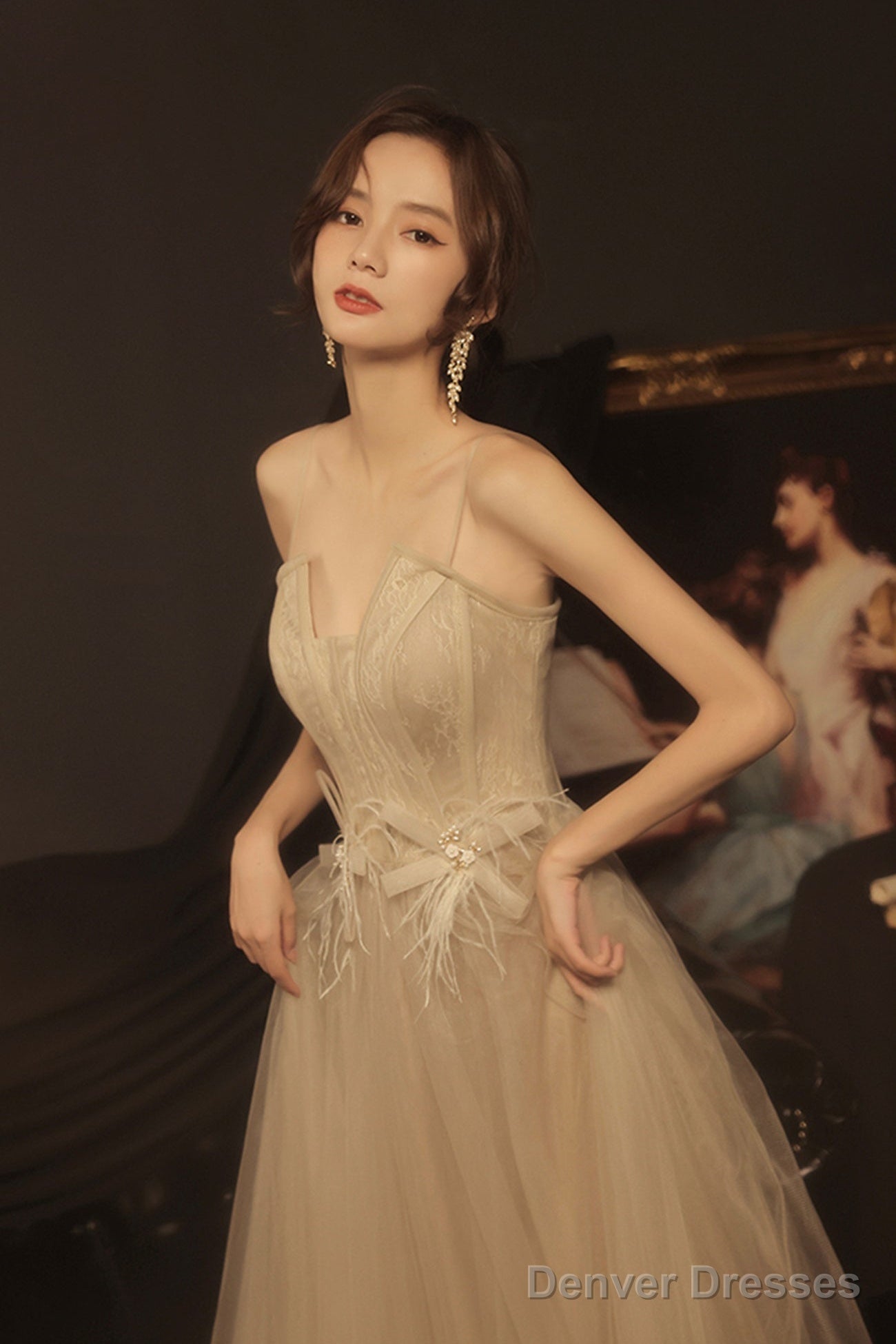 Stylish Tulle Long A-Line Prom Dress, Champagne Strapless Evening Party Dress Secondary image