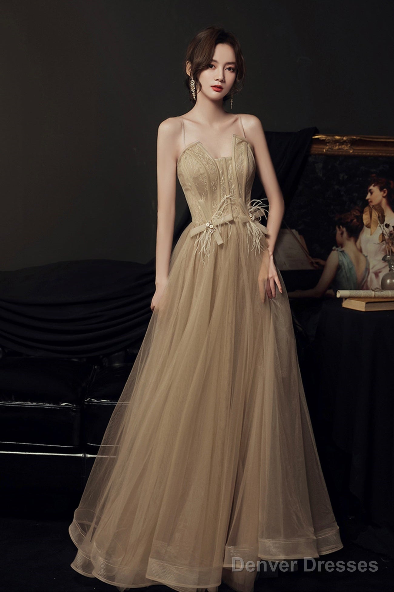 Stylish Tulle Long A-Line Prom Dress, Champagne Strapless Evening Party Dress Main image