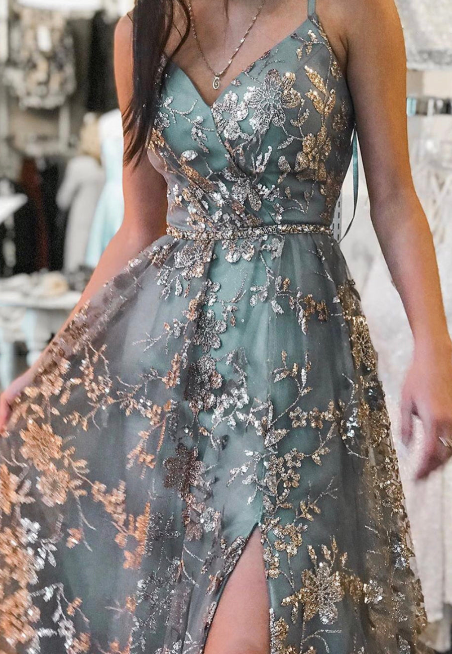 Stylish Tulle Sequins Long Prom Dress, A-Line Formal Graduation Dress