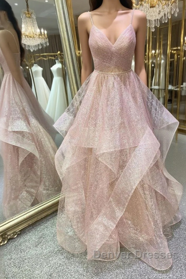 Stylish V Neck Backless Rose Gold Long Prom Dress, Backless Rose Gold Formal Dress, Fluffy Rose Gold Evening Dress