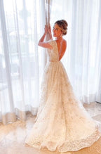 Stylish V Neck Tulle Applique Long Prom Dress