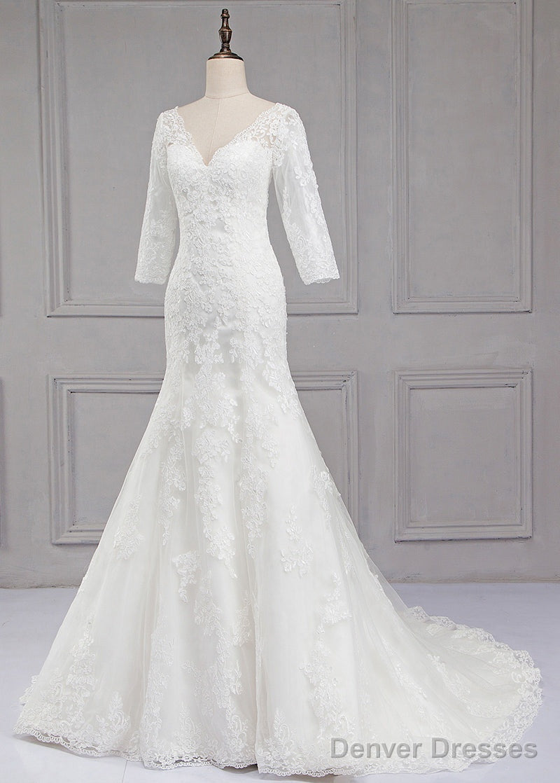 Sweep Train V-Neck 3/4 Sleeves Lace Wedding Dresses Main image