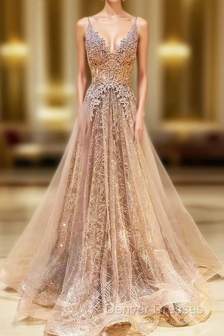Sweep Train V Neck Lace Tulle Yarn Princess Prom Dress With Glitter