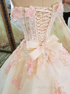 Sweet 16 Dress Pink Lace Floral Prom Dress Ball Gown Off The Shoulder Elegant Beaded Luxury Prom Gown