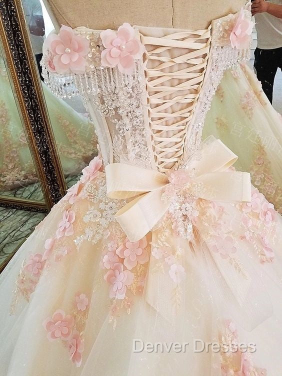 Sweet 16 Dress Pink Lace Floral Prom Dress Ball Gown Off The Shoulder Elegant Beaded Luxury Prom Gown