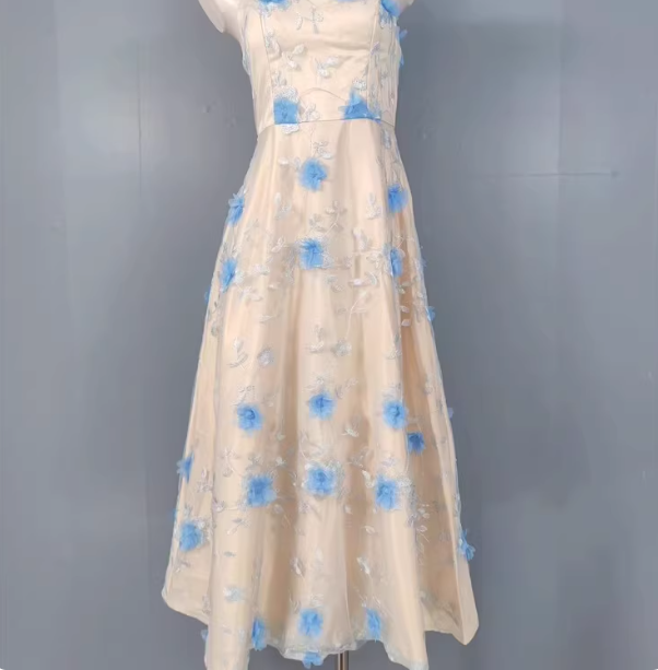 Sweet A-Line 3D Floral Embroidery Tulle Long Prom Dress Evening Dress