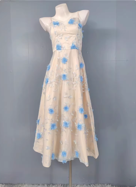 Sweet A-Line 3D Floral Embroidery Tulle Long Prom Dress Evening Dress