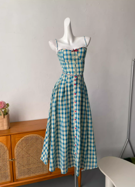 Sweet A-Line Blue Plaid Spaghetti Strap Long Prom Dress Evening Dress Secondary image