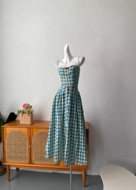 Sweet A-Line Blue Plaid Spaghetti Strap Long Prom Dress Evening Dress Main image