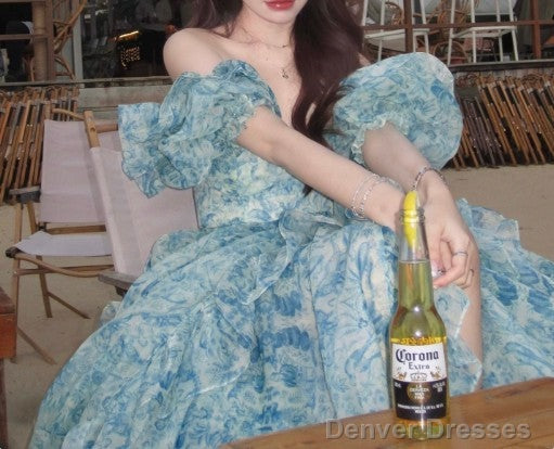 Sweet A-Line Off-Shoulder Organza Print Long Prom Dress Birthday Adult Ceremony Dress