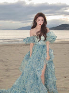 Sweet A-Line Off-Shoulder Organza Print Long Prom Dress Birthday Adult Ceremony Dress