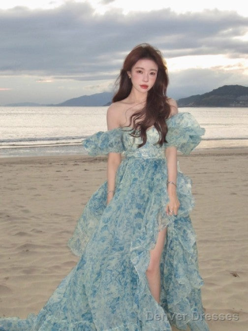 Sweet A-Line Off-Shoulder Organza Print Long Prom Dress Birthday Adult Ceremony Dress