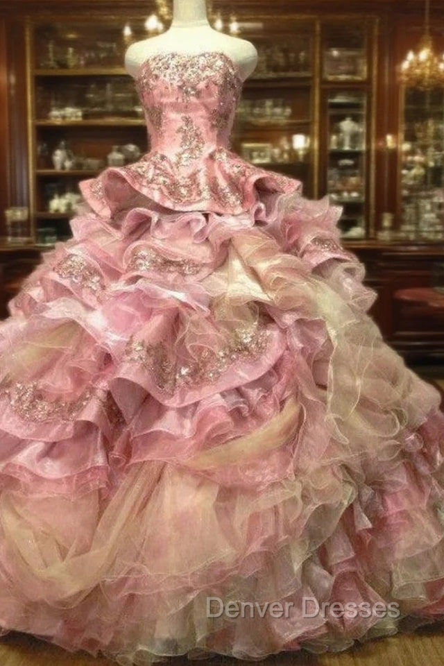 Sweet A-Line Strapless Satin Tulle Sequined Wedding Dress Beaded Diamond Long Ball Gown Main image