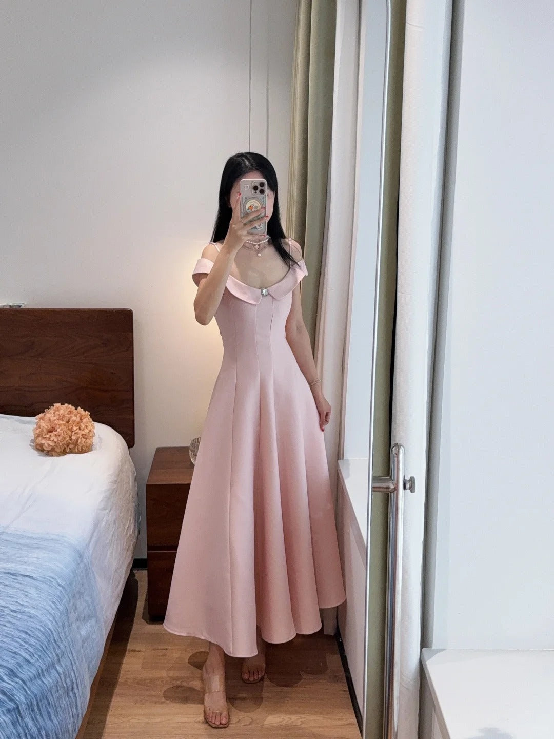 Sweet And Elegant Pink A-Line Off-Shoulder Satin Prom Dress Evening Dress