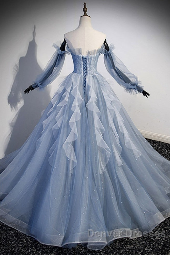 Sweet And Elegant Sky Blue Beaded Sequins Off The Shoulder Long Sleeved Ball Dress Sky Blue A-Line/Princess Strapless Backless Strap And Ground Length Prom Dress Secondary image