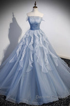 Sweet And Elegant Sky Blue Beaded Sequins Off The Shoulder Long Sleeved Ball Dress Sky Blue A-Line/Princess Strapless Backless Strap And Ground Length Prom Dress