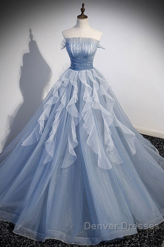 Sweet And Elegant Sky Blue Beaded Sequins Off The Shoulder Long Sleeved Ball Dress Sky Blue A-Line/Princess Strapless Backless Strap And Ground Length Prom Dress