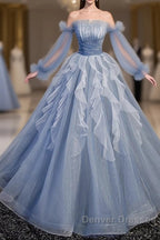 Sweet And Elegant Sky Blue Beaded Sequins Off The Shoulder Long Sleeved Ball Dress Sky Blue A-Line/Princess Strapless Backless Strap And Ground Length Prom Dress