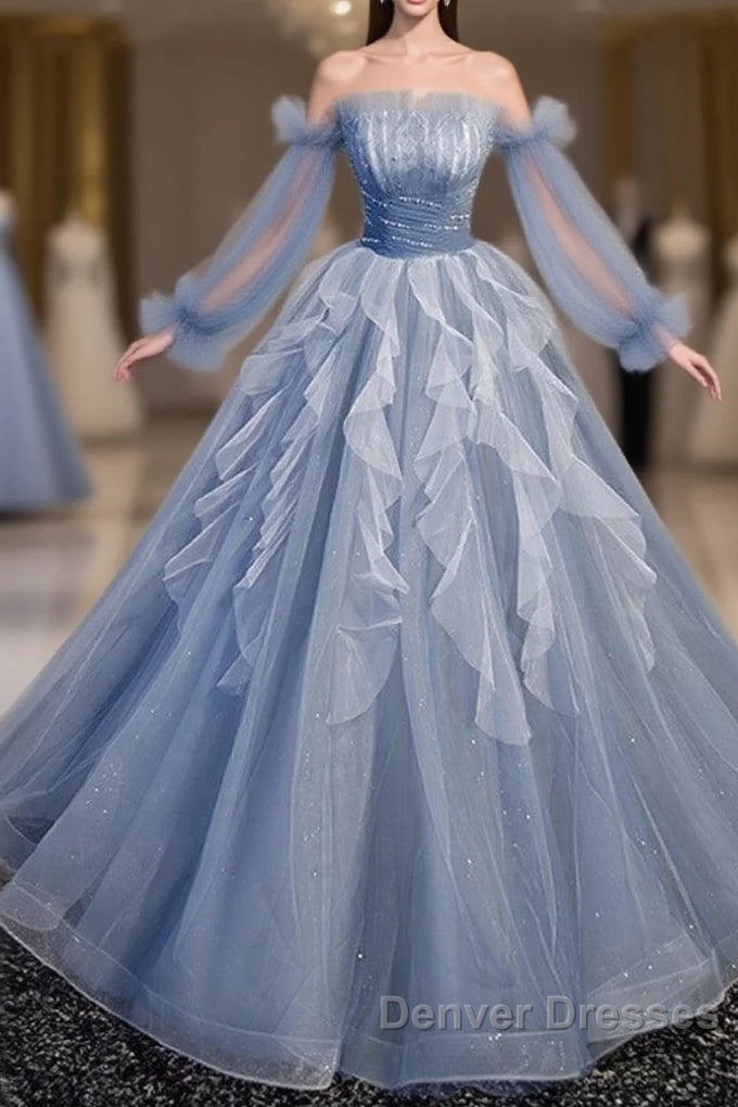 Sweet And Elegant Sky Blue Beaded Sequins Off The Shoulder Long Sleeved Ball Dress Sky Blue A-Line/Princess Strapless Backless Strap And Ground Length Prom Dress