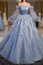 Sweet And Elegant Sky Blue Beaded Sequins Off The Shoulder Long Sleeved Ball Dress Sky Blue A-Line/Princess Strapless Backless Strap And Ground Length Prom Dress