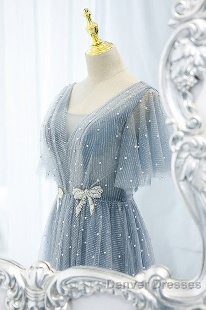 Sweet And Elegant Sky Blue Beaded Short Sleeved Sheer Ball Dress With Sky Blue A-Shaped Backless Strap And Ground Length Prom Dress