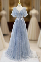 Sweet And Elegant Sky Blue Beaded Short Sleeved Sheer Ball Dress With Sky Blue A-Shaped Backless Strap And Ground Length Prom Dress