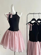 Sweet Black And Pink Polka Dot Halter Neck Chiffon Short Birthday Party Homecoming Dress