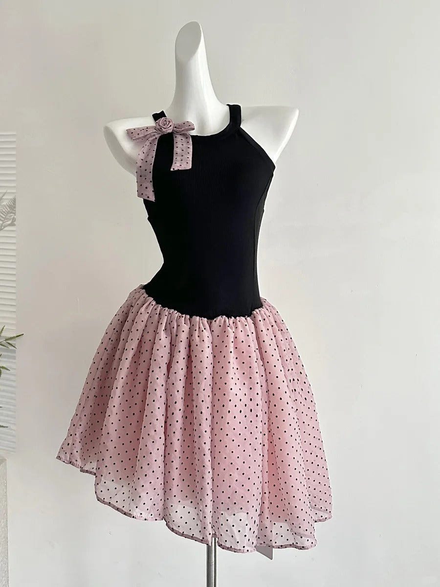 Sweet Black And Pink Polka Dot Halter Neck Chiffon Short Birthday Party Homecoming Dress Main image
