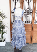 Sweet Blue And White Floral Printed Bow Ribbon Multi-Layered Tiered Chiffon Long Prom Dress Evening Dress