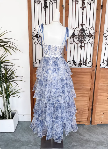 Sweet Blue And White Floral Printed Bow Ribbon Multi-Layered Tiered Chiffon Long Prom Dress Evening Dress