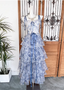 Sweet Blue And White Floral Printed Bow Ribbon Multi-Layered Tiered Chiffon Long Prom Dress Evening Dress