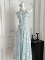 Sweet Blue And White Gradient A-Line Halter Neck Chiffon Long Prom Dress Evening Dress