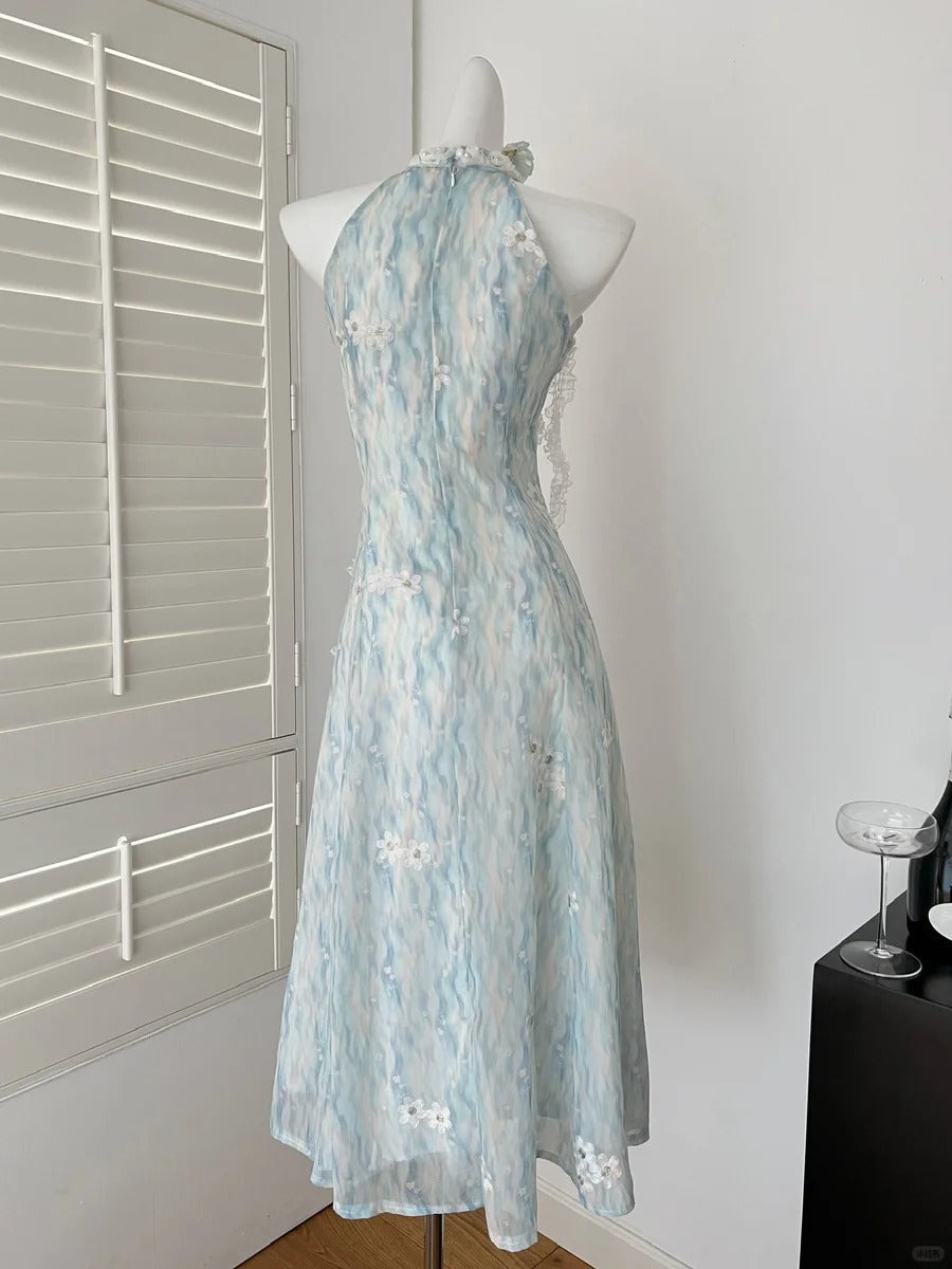 Sweet Blue And White Gradient A-Line Halter Neck Chiffon Long Prom Dress Evening Dress
