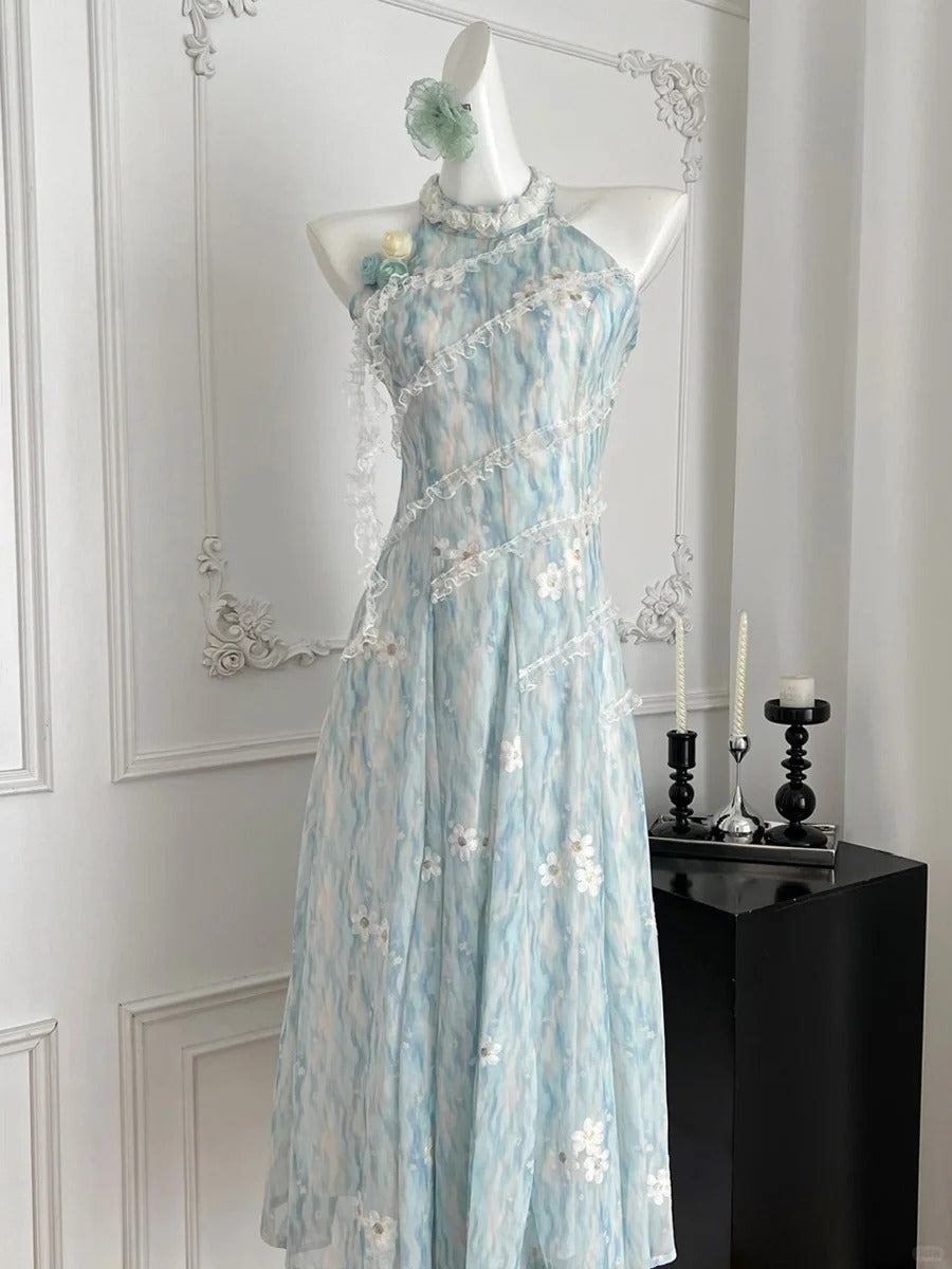 Sweet Blue And White Gradient A-Line Halter Neck Chiffon Long Prom Dress Evening Dress
