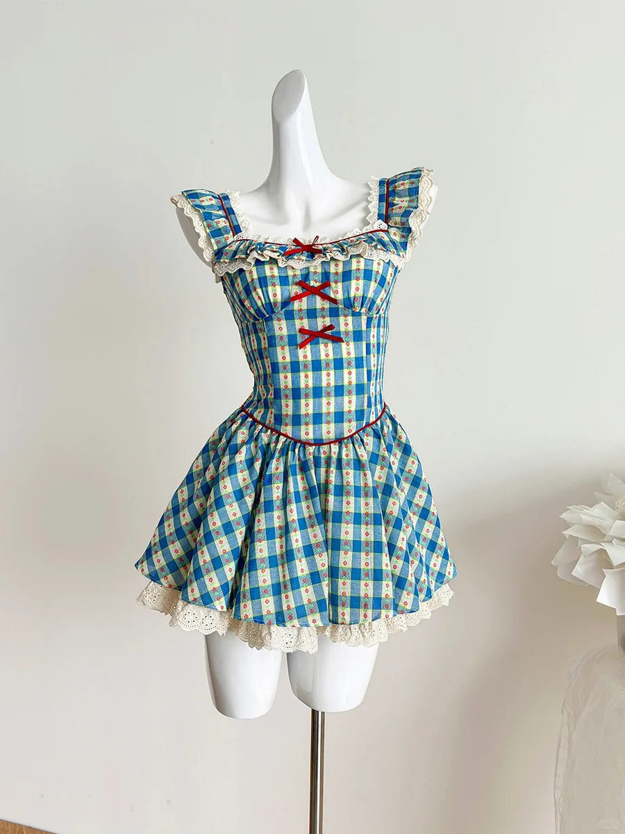 Sweet Blue And Yellow Plaid Waist Square Neck Short A-Line 15Th Birthday Homecoming Dress Secondary image