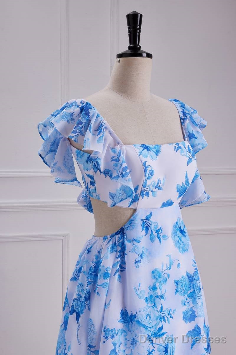 Sweet Blue Floral Print A Line Backless Ruffles Prom Dress Secondary image