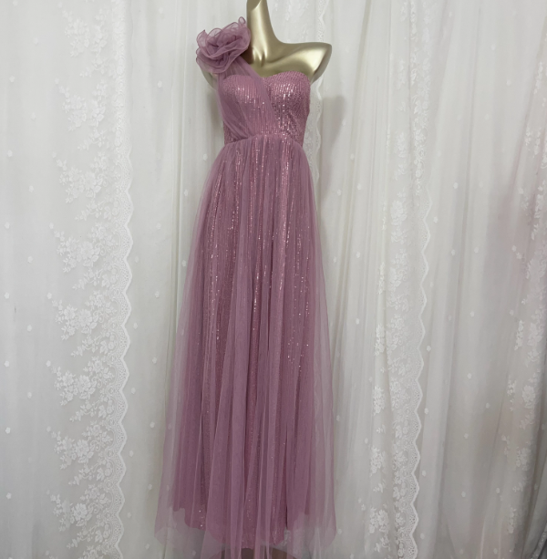 Sweet Blush Purple A-Line One-Shoulder 3D Floral Sequin Tulle Long Prom Dress Evening Dress Secondary image