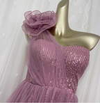 Sweet Blush Purple A-Line One-Shoulder 3D Floral Sequin Tulle Long Prom Dress Evening Dress
