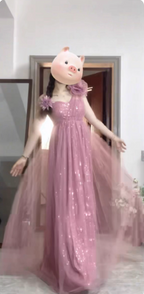 Sweet Blush Purple A-Line One-Shoulder 3D Floral Sequin Tulle Long Prom Dress Evening Dress