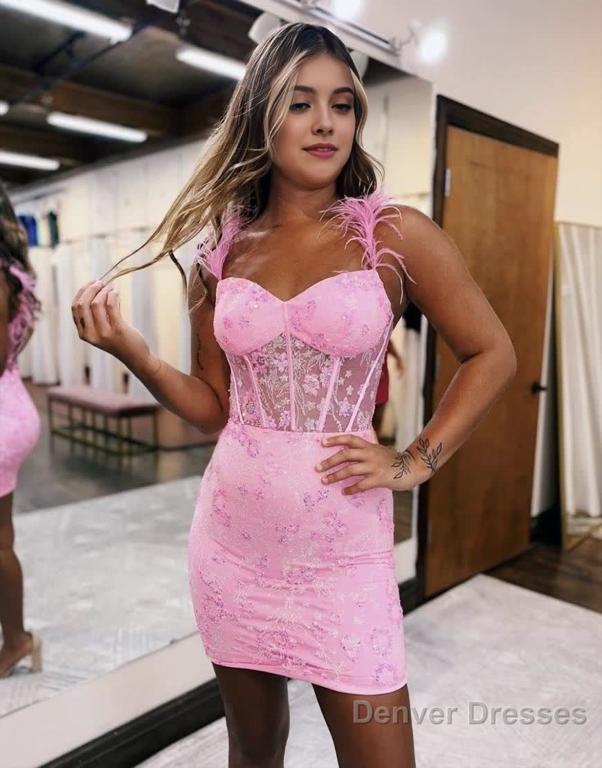 Sweet Bodycon Lace Up Short Tight Homecoming Dress With Feather Straps Main image