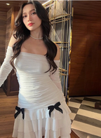Sweet Bow Pleated Mesh Ruffle Hip Birthday Skirt Homecoming Dress