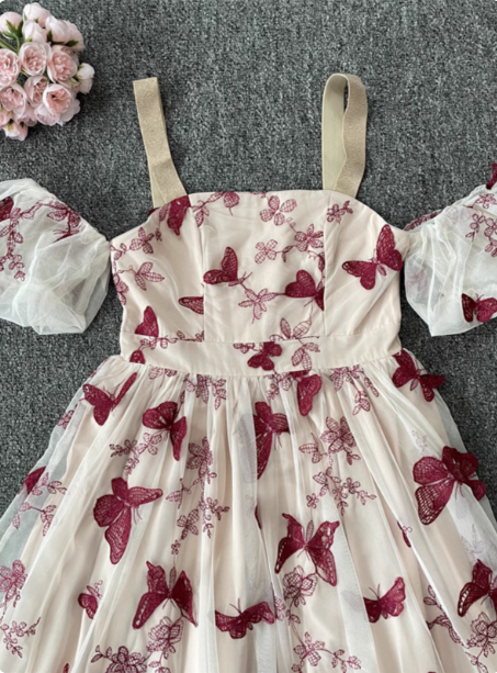 Sweet Butterfly Printed Strap Puff Sleeve Midi-Length Tulle Prom Dress Evening Dress