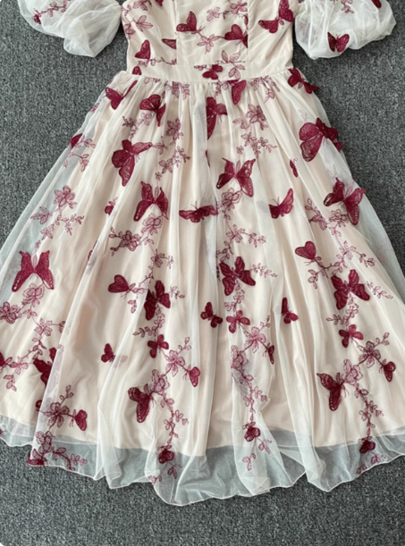 Sweet Butterfly Printed Strap Puff Sleeve Midi-Length Tulle Prom Dress Evening Dress